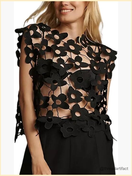 Tops - Sleeveless Crewneck Vest Hollow Out Floral Lace Cover Up Summer Going Out Tops